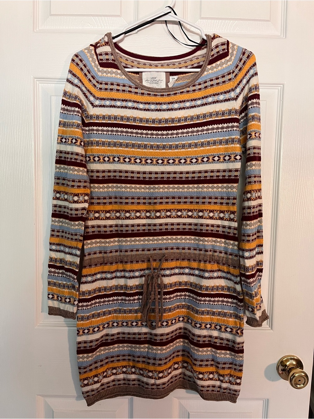 H&M Long-Sleeve Striped Fair Isle Sweater Dress in Mustard, Burgundy, Blue& Gray